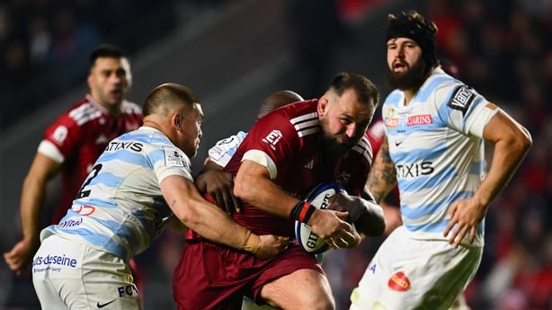 Cork , Ireland - 17 October 2026; Jack Aungier of Munster is tackled by / Diego Escobar of Racing 92 during the Investec Champions Cup Round 1 match between Munster and Racing 92 at SuperValu Páirc Ui Chaoimh in Cork. (Photo By Shauna Clinton/Sportsfile via Getty Images)