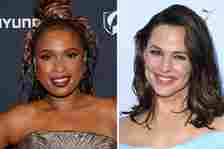 Jennifer Hudson and Jennifer Garner at separate events, both smiling. Hudson wears a strapless gown with a braided top knot, and Garner wears an off-shoulder gown