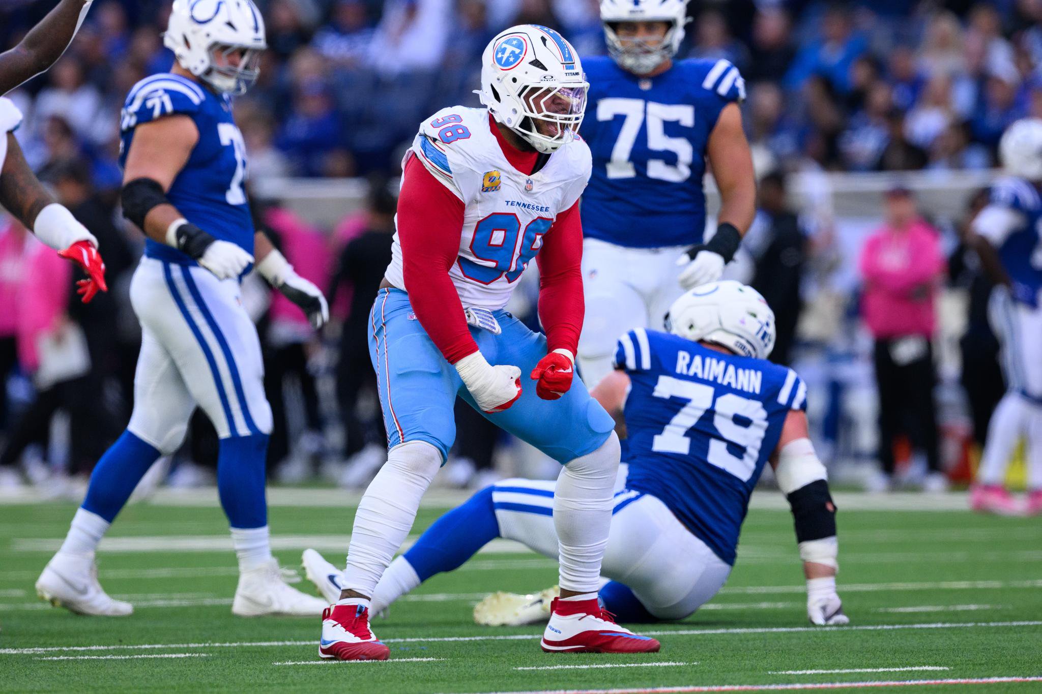 In a Oct. 18, 2026, file photo, Tennessee Titans defensive tackle Jeffery Simmons celebrates a sack against the Indianapolis Colts in Indianapolis on October 18, 2026.