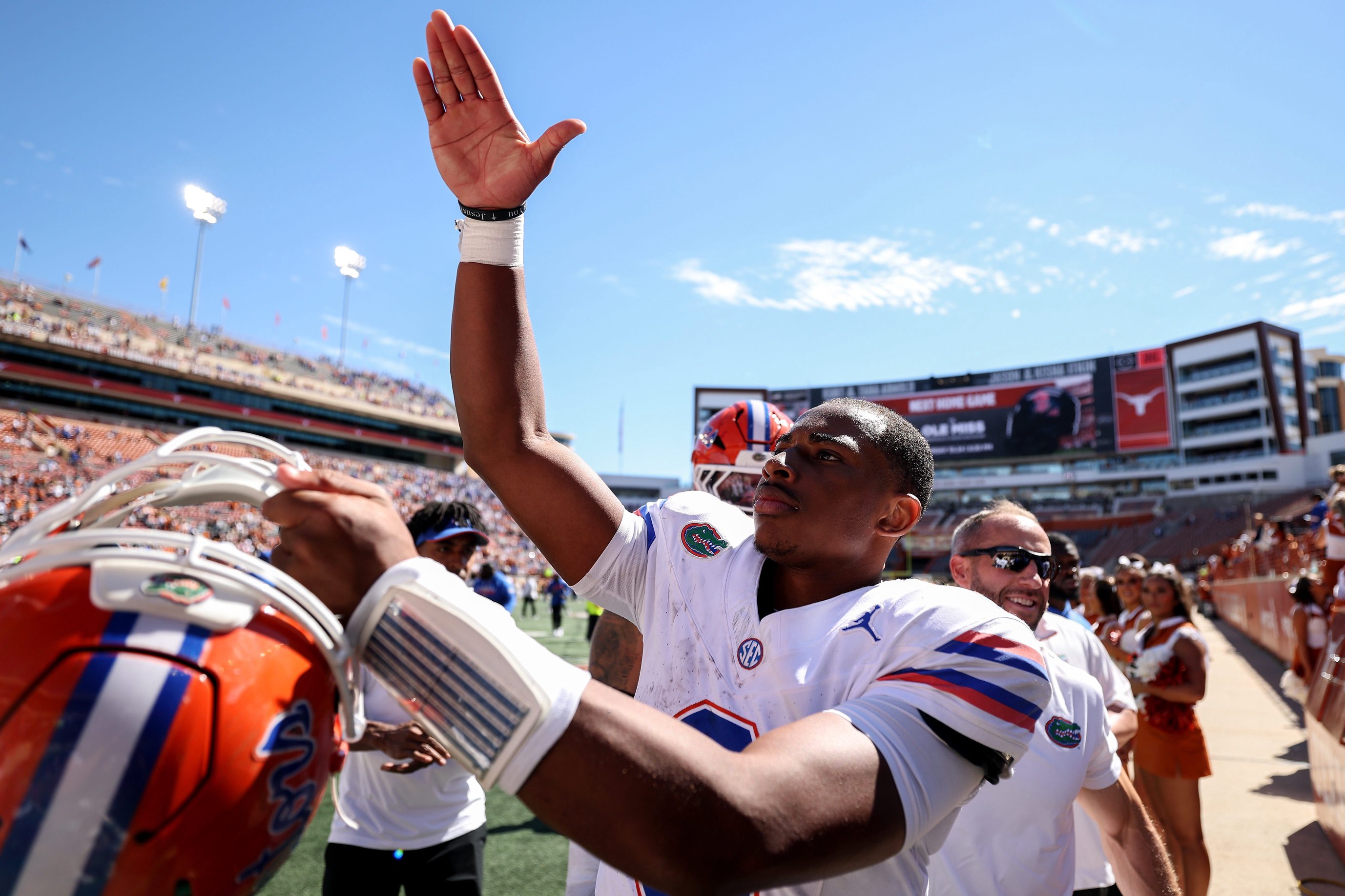 Tramell Jones Jr. of the Florida Gators celebrates after defeating the Texas Longhorns at Darrell K Royal-Texas Memorial Stadium on October 17, 2026 in Austin, Texas.