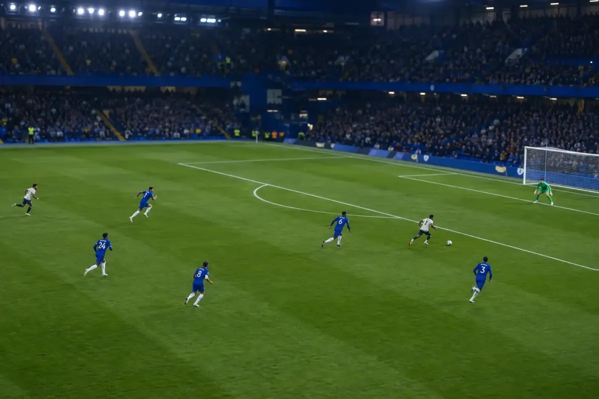Chelsea defenders retreat as an attacker exploits space behind the wing-back during a tense football match