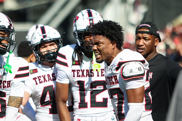 Texas Tech cornerback Amier Boyd (27) yells on the sidelines during the second half of an NCAA college football game against Cincinnati, Saturday, Oct. 24 2026, in Cincinnati. (AP Photo/Lydia Schembre)