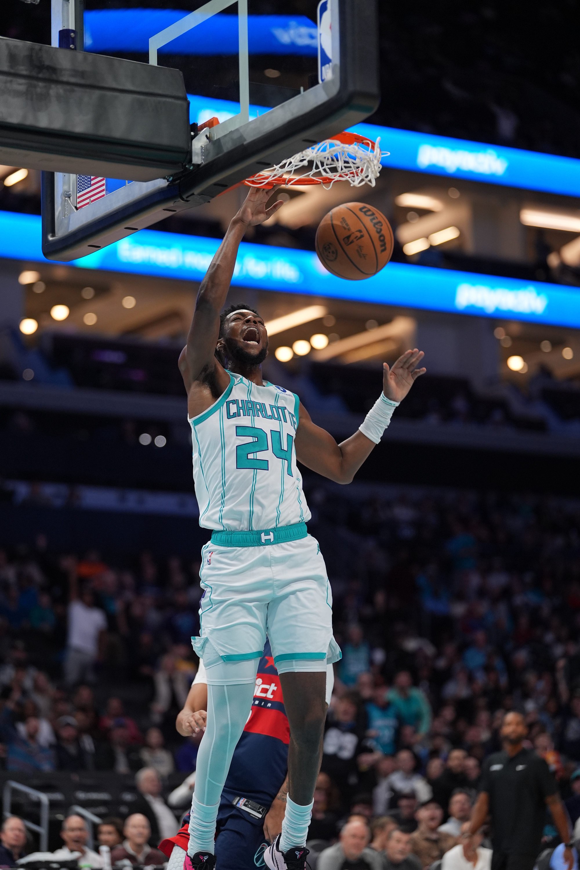 Oct 26, 2026; Charlotte, North Carolina, USA;  Charlotte Hornets forward Brandon Miller (24) with a dunk against the Washington Wizards during the first half at the Spectrum Center.  Mandatory Credit: Jim Dedmon-Imagn Images