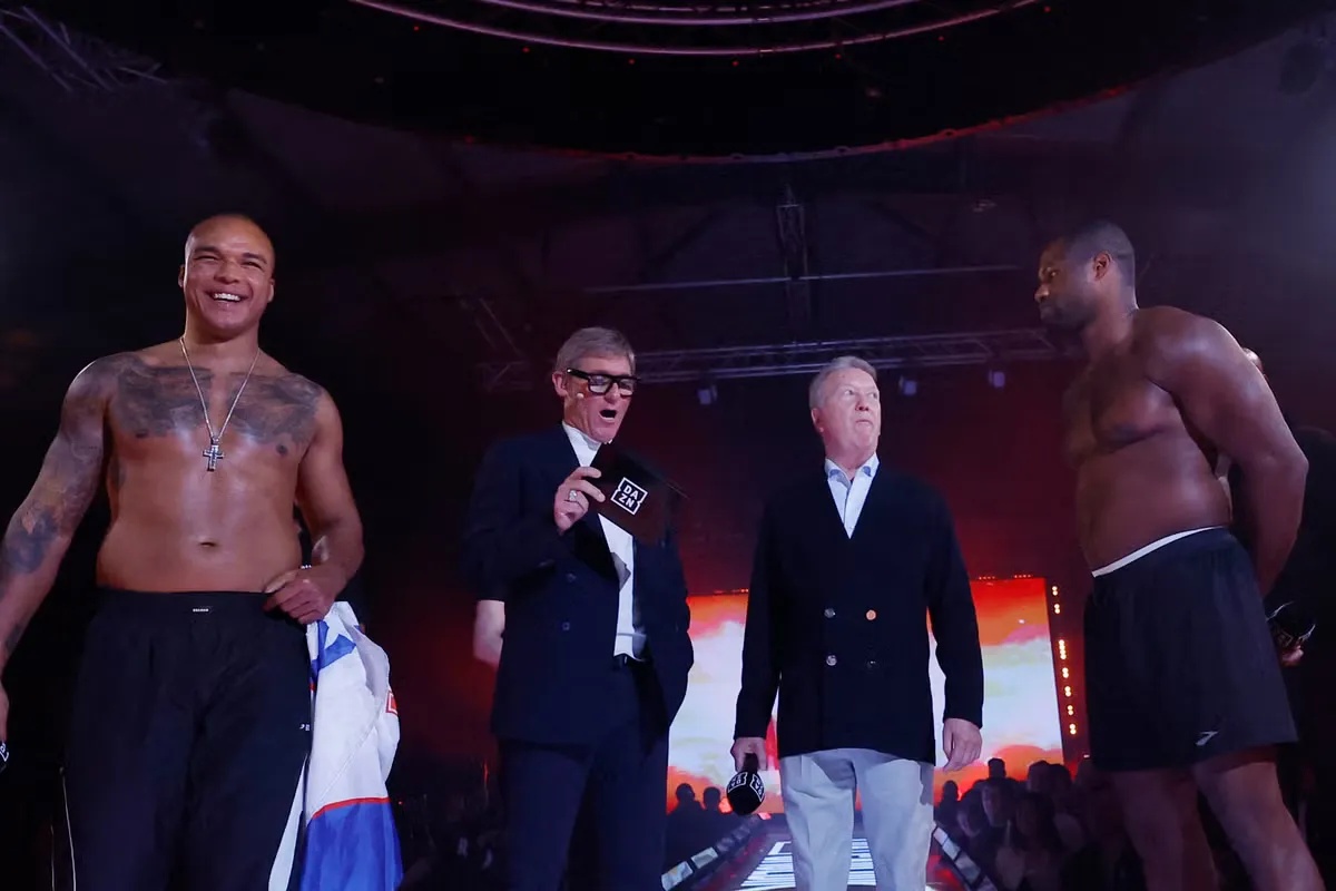 Fabio Wardley is amused while Simon Jordan, second from left, asks some daft questions the day before battle with Daniel Dubois