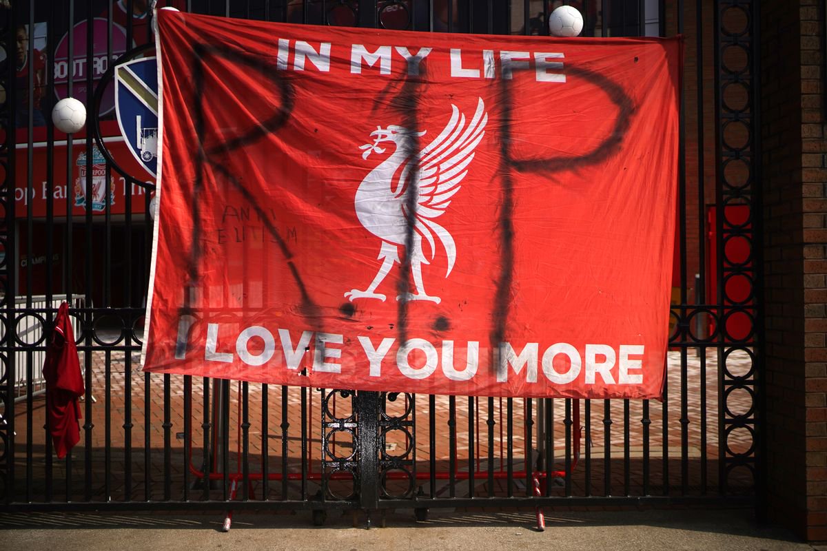 Banners and football scarves are tied to the fences around Anfield Stadium, the home of Liverpool Football Club, in protest at the club's intentions to join the European Super League on April 20, 2021 in Liverpool, United Kingdom. Six English premier league teams have announced they are part of plans for a breakaway European Super League. Arsenal, Manchester United, Manchester City, Liverpool, Chelsea and Tottenham Hotspur will join 12 other European teams in a closed league similar to that of the NFL American Football League. In a statement released last night, the new competition "is intended to commence as soon as practicable" potentially in August.