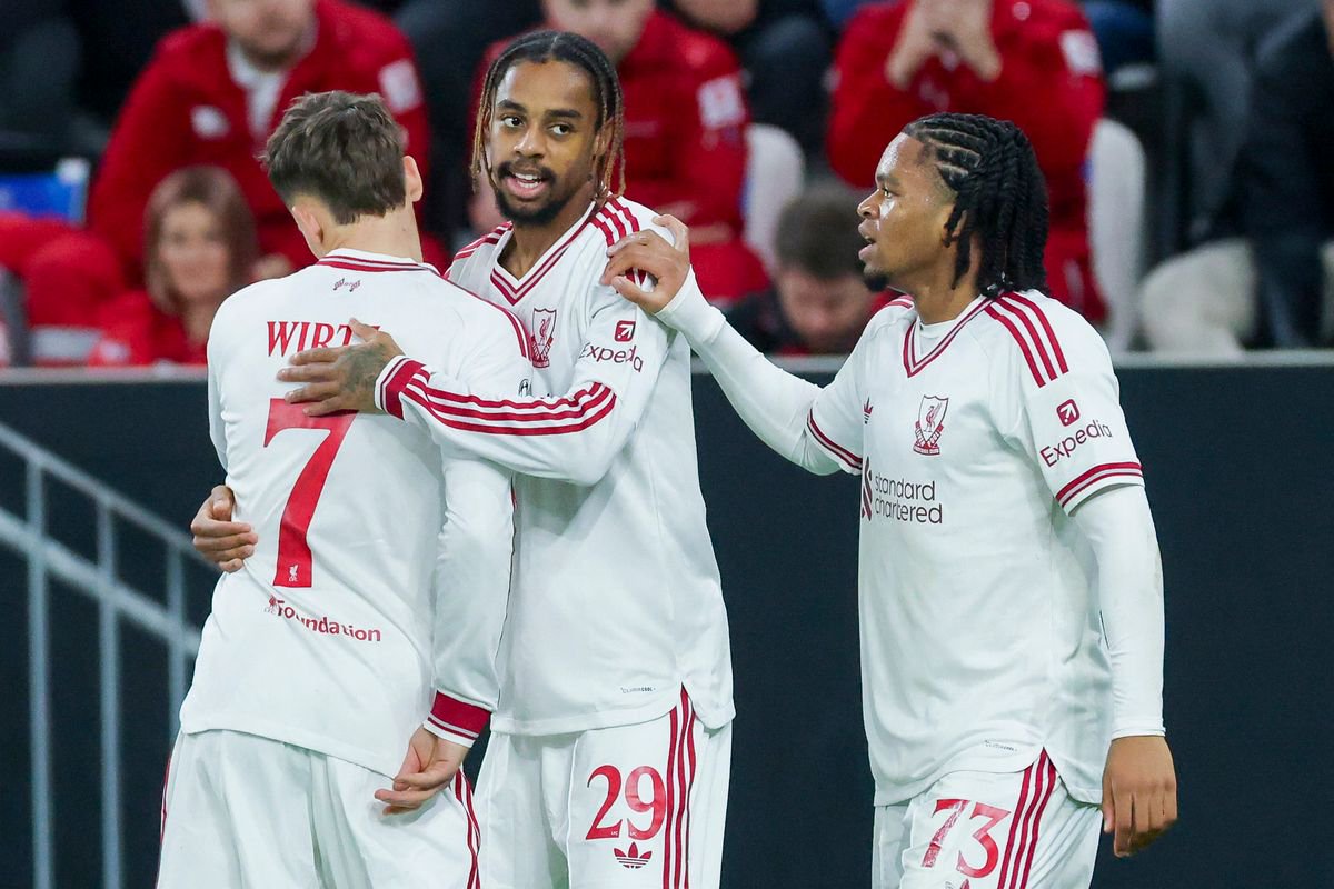 Bradley Barcola celebrates with Florian Wirtz and Rio Ngumoha after scoring for Liverpool against LASK