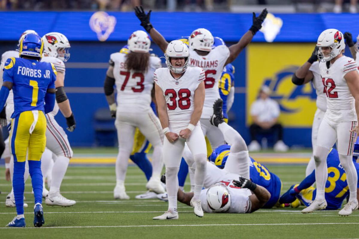 Cardinals kicker Chad Ryland celebrates after hitting game-winning field goal against the Rams Sunday at SoFi Stadium.