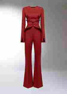 Brick red orchid draped jumpsuit by Del Core