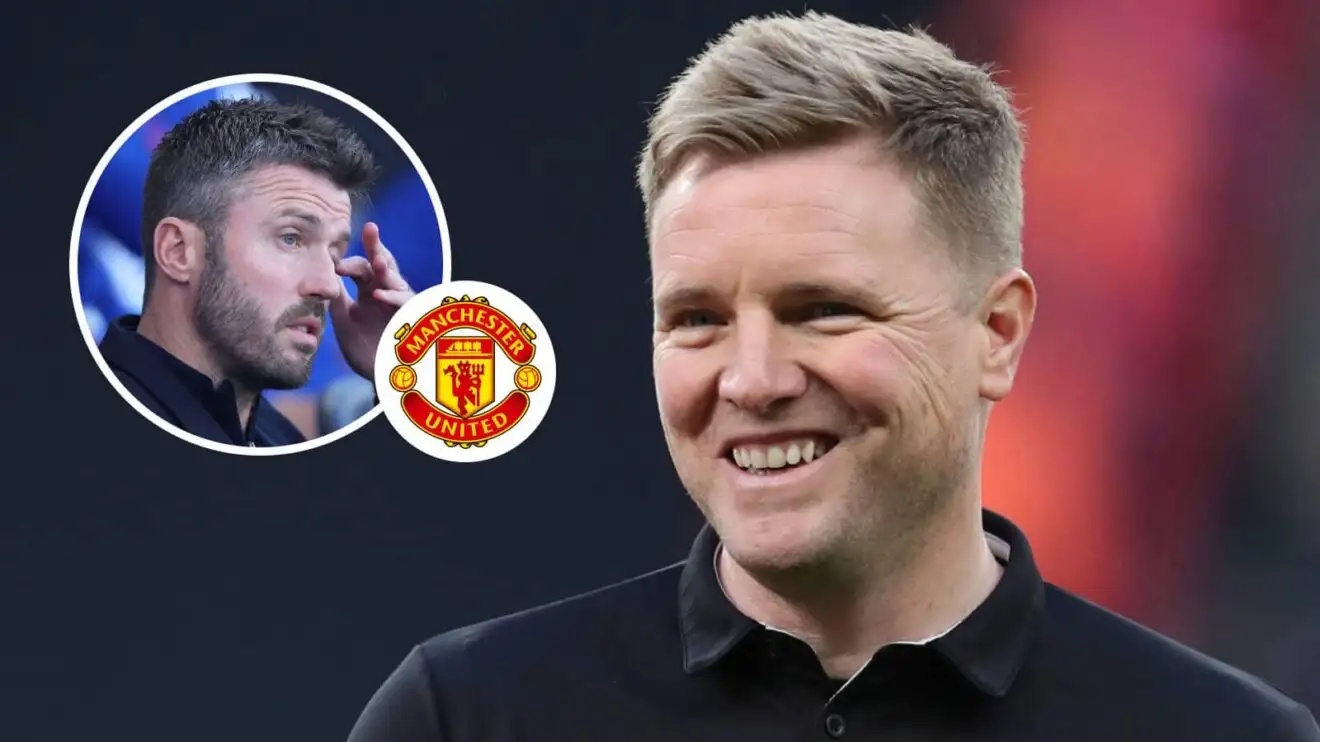 Michael Carrick, Manchester United badge and Eddie Howe - copyright F365