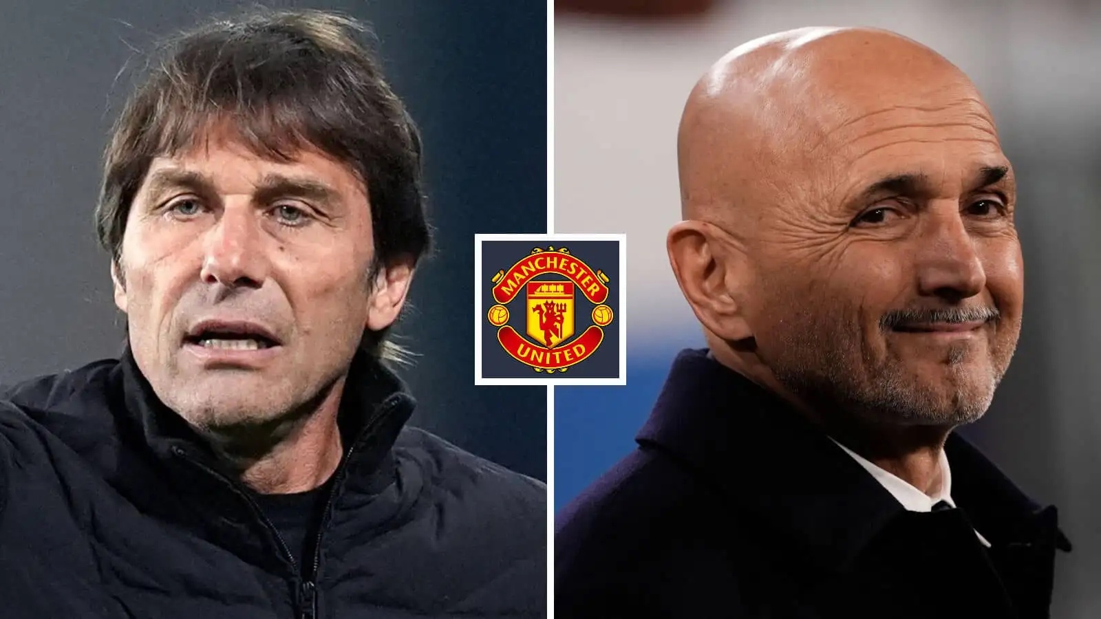 Split image of Antonio Conte and Juventus manager Luciano Spalletti, with the Manchester United badge in between - copyright TEAMtalk