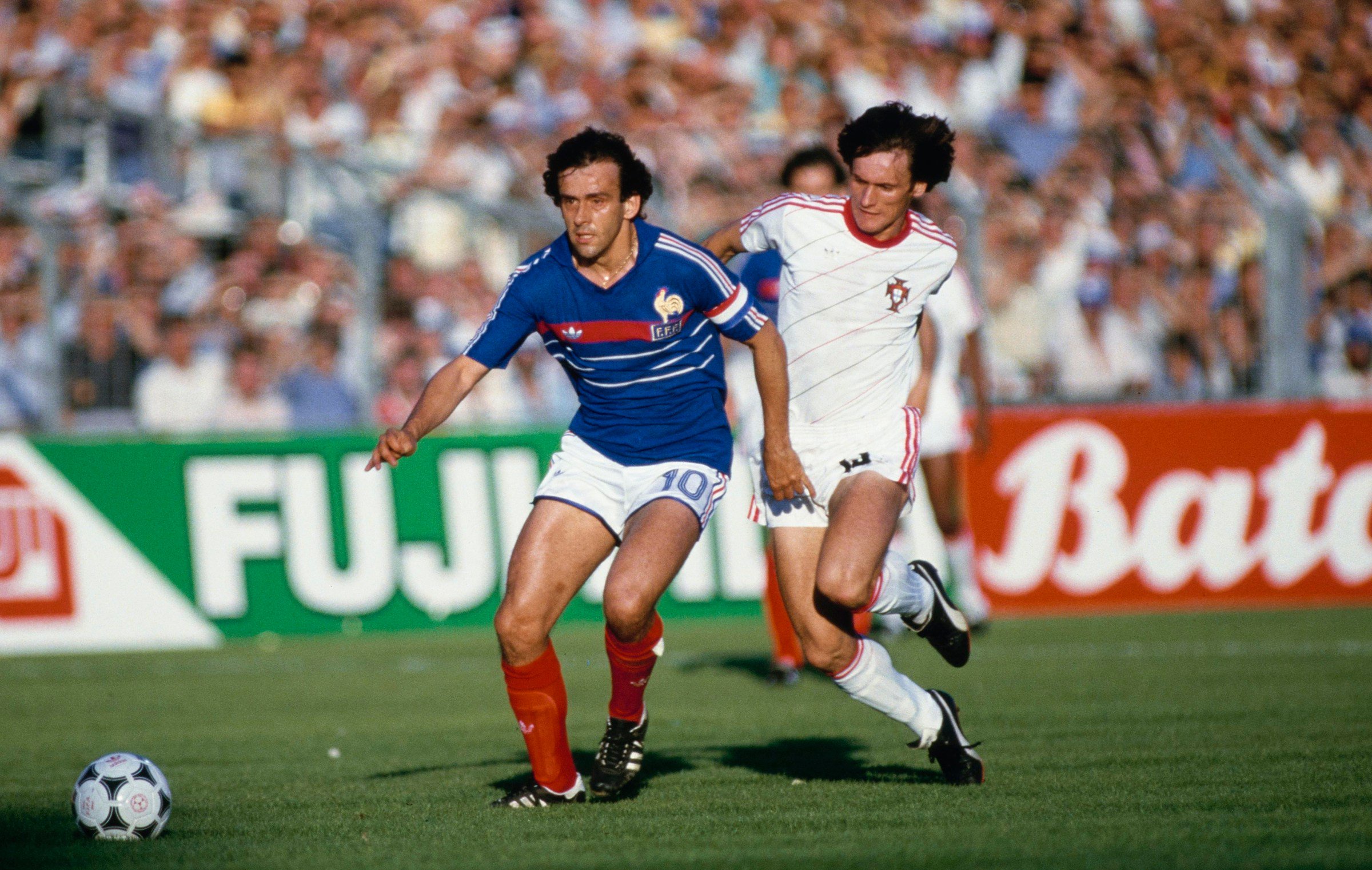 MARSEILLE, FRANCE - JUNE 23: France captain Michel Platini in action during the Euro Champs semi final match between France and Portugal at Stade Velodrome on June 23rd, 1984 in Marseille, France (Photo by Trevor Jones/Allsport/Getty Images/Hulton Archive)