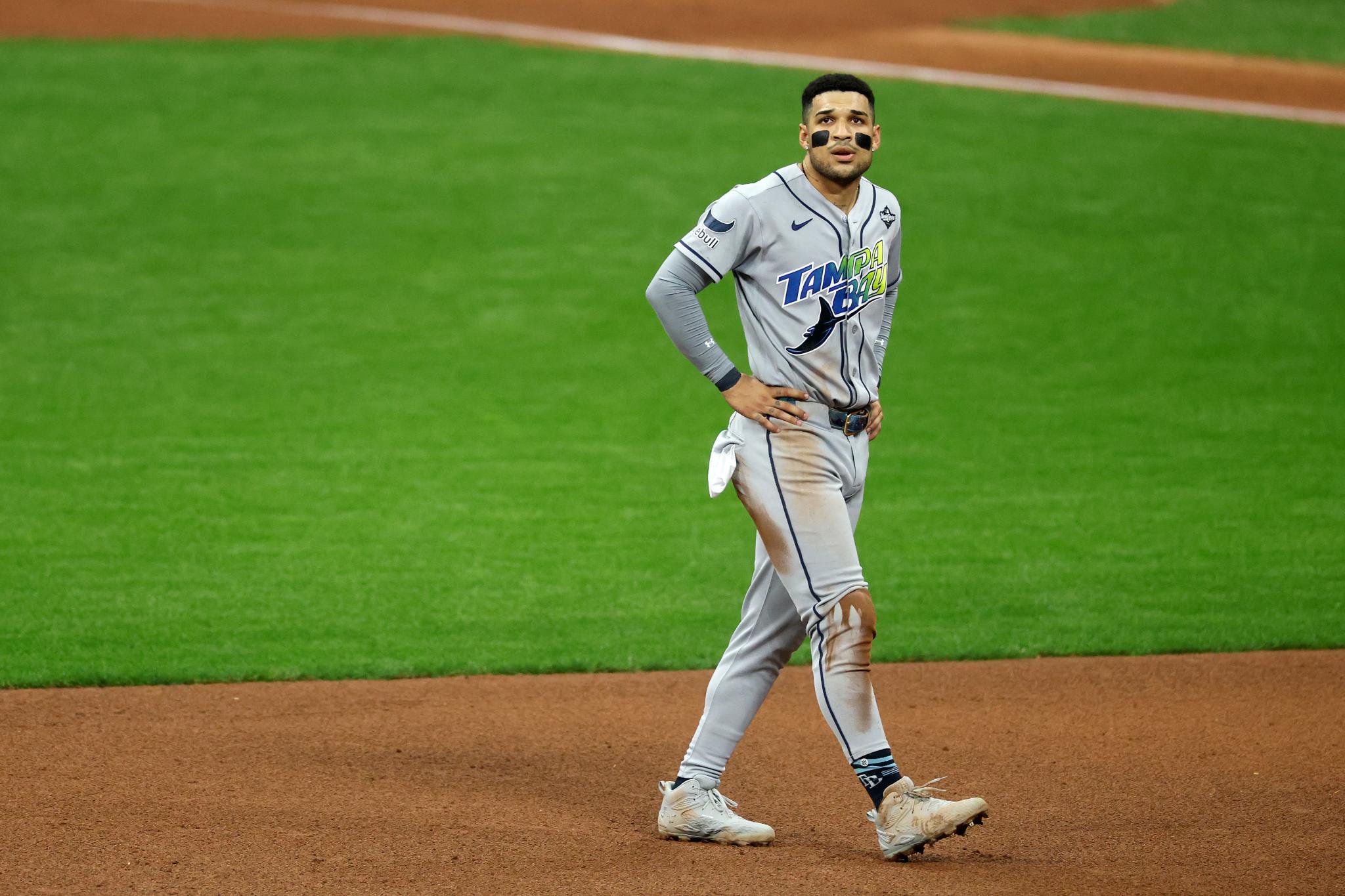 Victor Mesa Jr. of the Tampa Bay Rays reacts on the field after a play against the Milwaukee Brewers.