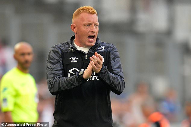 FILE - Reims' head coach Will Still reacts during the French League One soccer match between Marseille and Reims at the Velodrome stadium in Marseille, France, Aug. 12, 2023. (AP Photo/Daniel Cole, File)