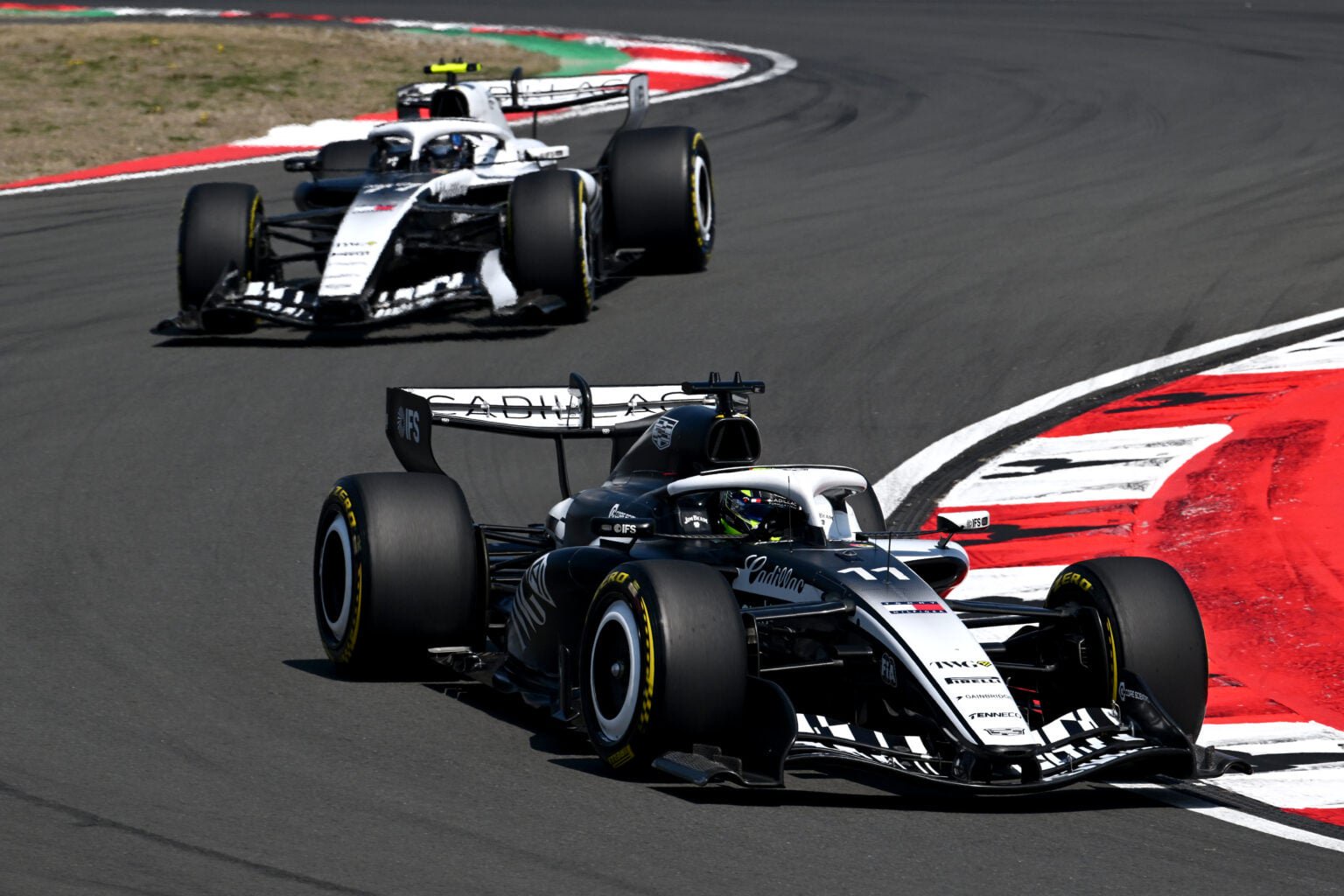 Cadillac teammates Valtteri Bottas and Sergio Perez during the Sprint race ahead of the 2026 Formula 1 Chinese Grand Prix.
