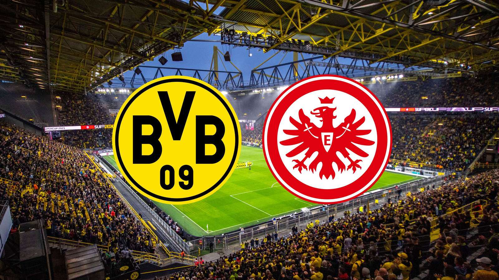 Der Signal Iduna Park und die Wappen des BVB und Eintracht Frankfurt.