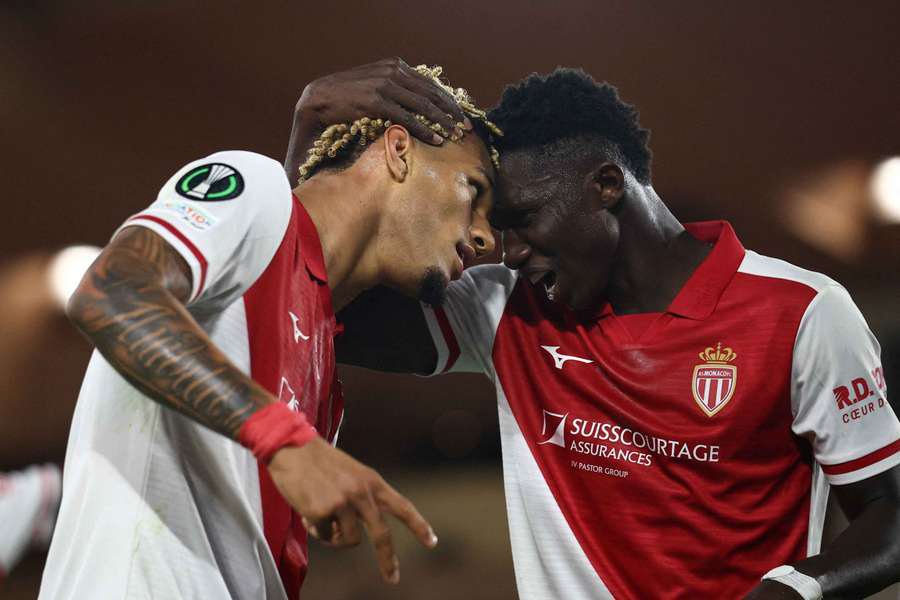 AS Monaco's Paris Brunner celebrates scoring his first goal with Lamine Camara