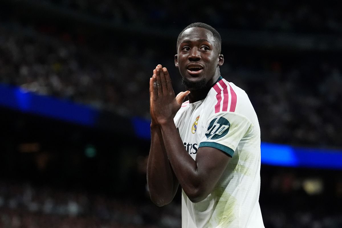 Ibrahima Konate of Real Madrid reacts after receiving a yellow card during the LaLiga EA Sports 2026/27 match between Real Madrid and Villarreal CF