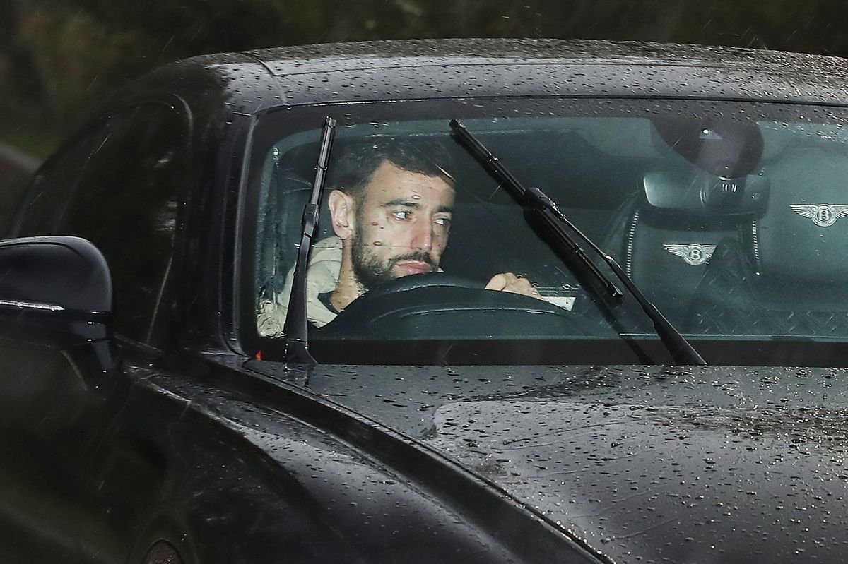 Manchester United midfielder Bruno Fernandes arrives at the club's Carrington training ground on Monday morning 