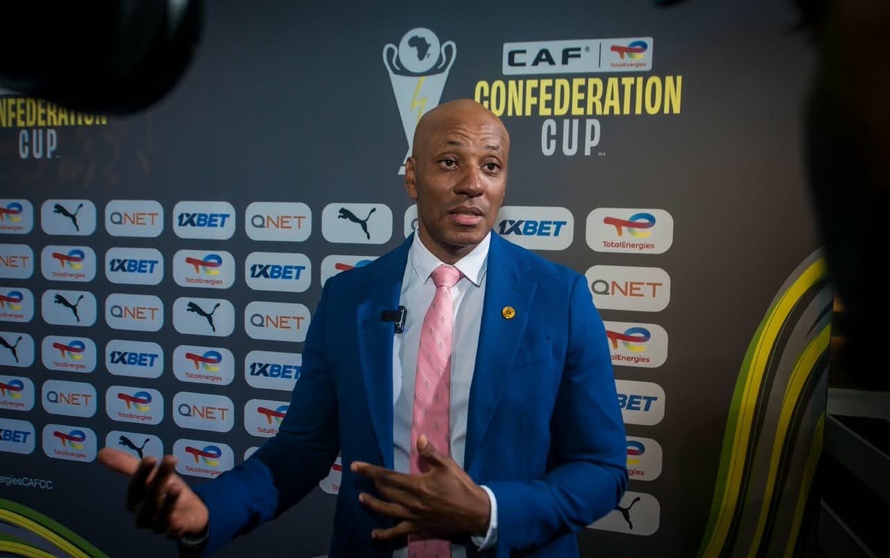 Kaizer Motaung Jr talking to the media after the CAF Confederation Cup draw