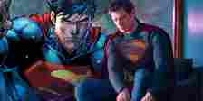 Split image of DCU David Corenswet Superman and Superman in DC comics holding a rock