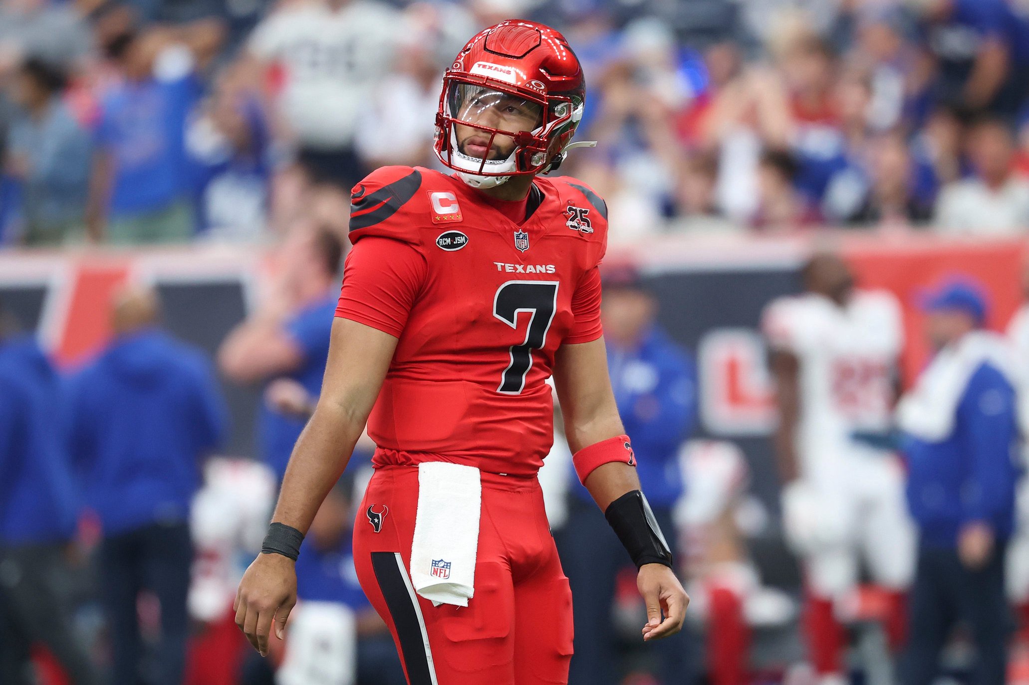 Oct 25, 2026; Houston, Texas, USA; Houston Texans quarterback C.J. Stroud (7) reacts after a play during overtime against the New York Giants at Reliant Stadium. Mandatory Credit: Troy Taormina-Imagn Images