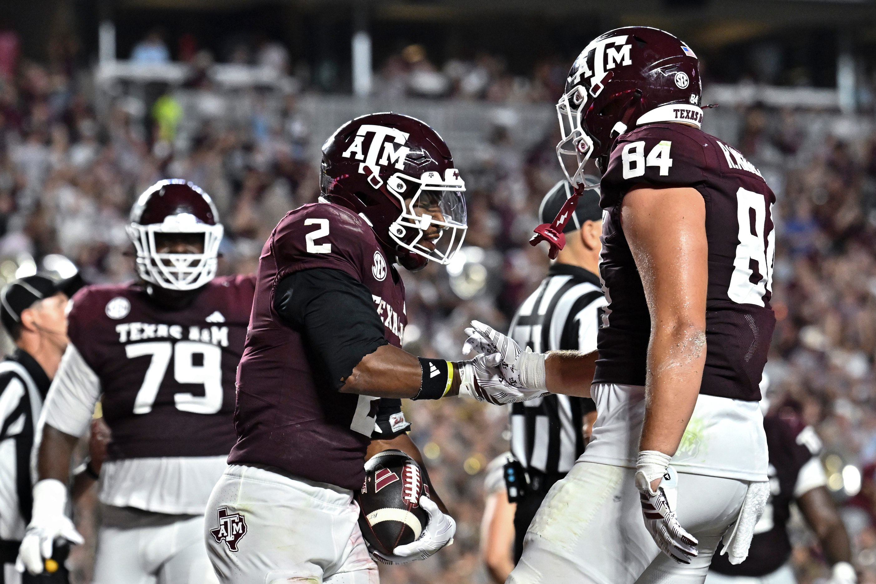 Sep 5, 2026; College Station, Texas, USA; Texas A&amp;M Aggies running back Jamarion Morrow (2) celebrates after scoring a touchdown with tight end Richie Anderson III (84) during third quarter against the Missouri State Bears at Kyle Field. Mandatory Credit: Maria Lysaker-Imagn Images