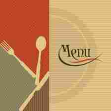 split screen image of fork, spoon, and knife balanced against each other on one side and the word Menu in script on the other