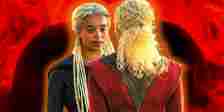 Rhaena and Baela Targaryen speaking in House of the Dragon season 2 with burning dragon eggs in the background