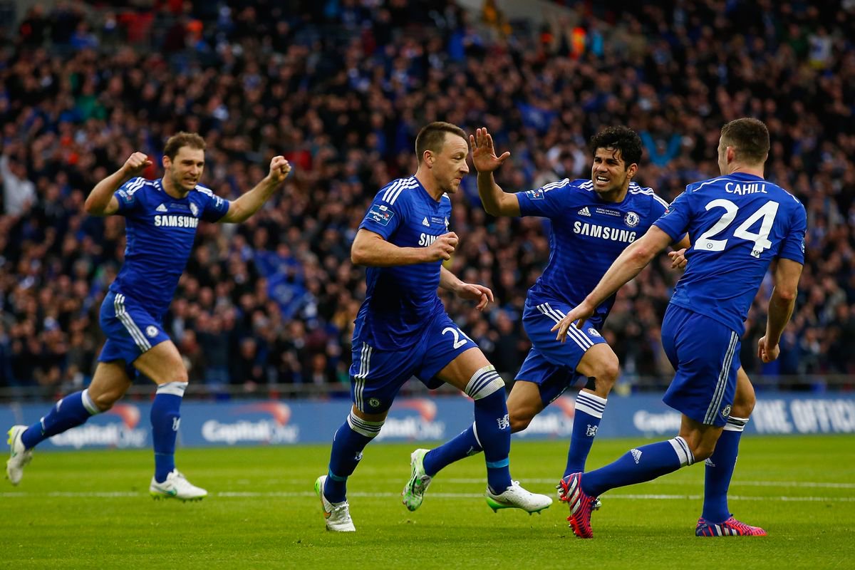 Branislav Ivanovic, John Terry, Diego Costa and Gary Cahill celebrate during the 2015 League Cup final