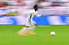 England's midfielder #26 Kobbie Mainoo runs with the ball during the UEFA Euro 2024 round of 16 football match between England and Slovakia at the ...
