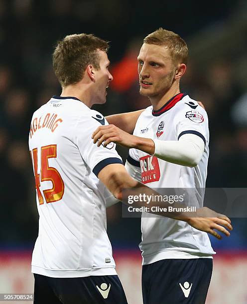 Bolton england dean moxey of bolton wanderers celebrates scoring his teams second goal with