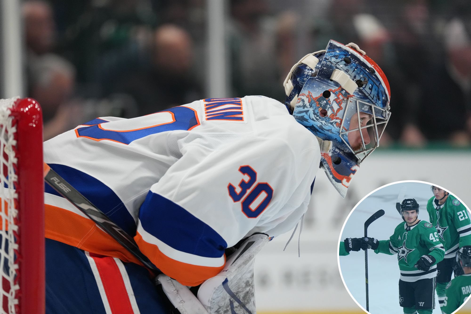 An image collage containing 2 images, Image 1 shows New York Islanders goalkeeper Ilya Sorokin (30) in his net during a game against the Dallas Stars, Image 2 shows Dallas Stars center Justin Hryckowian celebrates a goal with teammates Wyatt Johnston, Jason Robertson and Mikko Rantanen