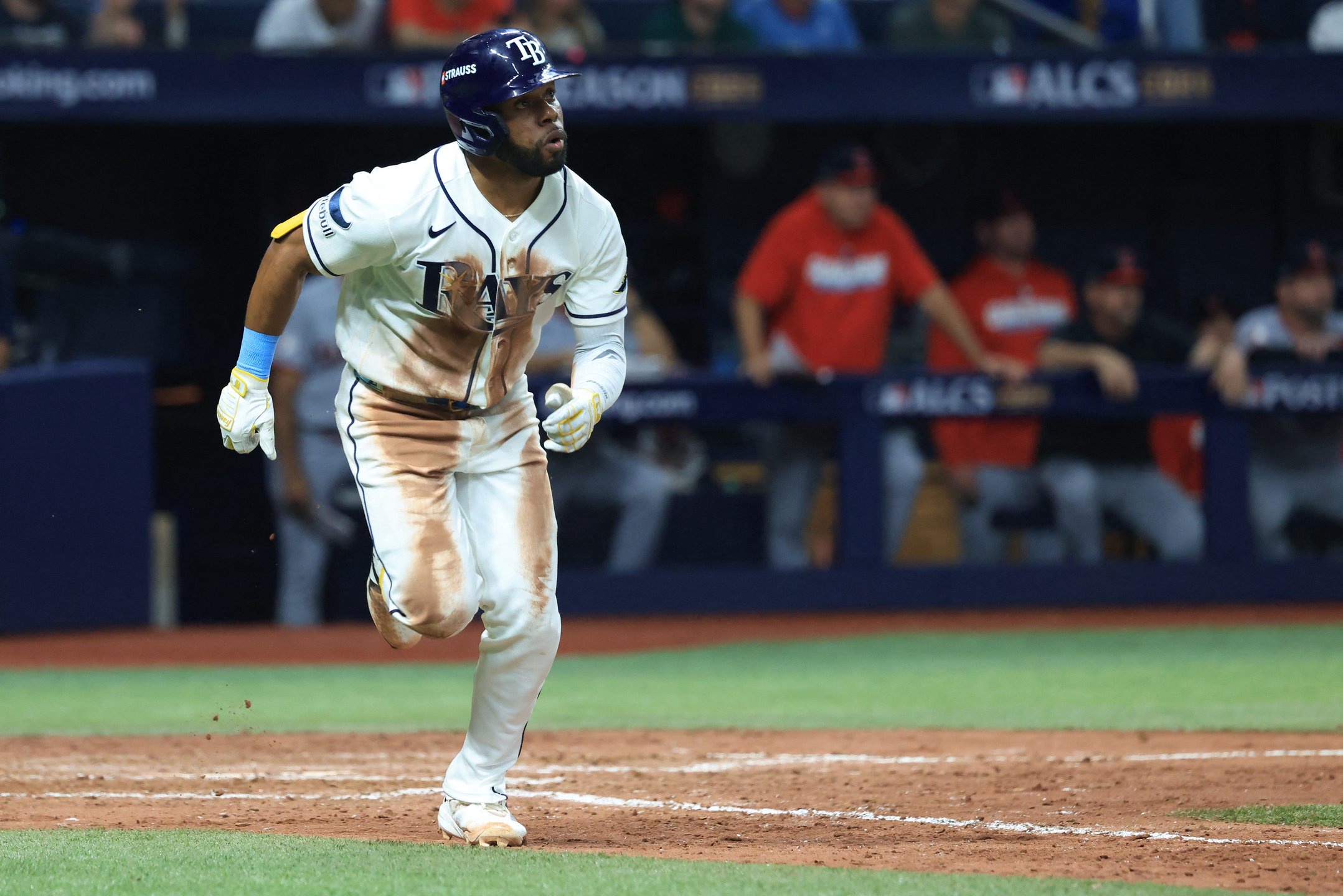 Oct 12, 2026; St. Petersburg, Florida, USA;  Tampa Bay Rays outfielder Cedric Mullins (31) hits a home run during the eighth inning against the Cleveland Guardians at Tropicana Field.  Mandatory Credit: Kim Klement Neitzel-Imagn Images