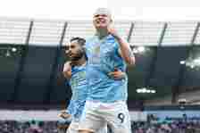 Erling Haaland of Manchester City celebrates after scoring a goal to make it 1-0 during the Premier League match between Manchester City and Wolver...