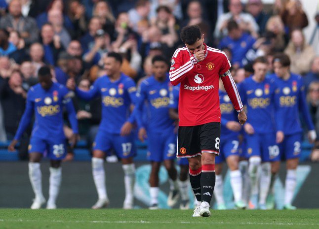LONDON, ENGLAND - OCTOBER 31: Bruno Fernandes of Manchester United reacts after Cole Palmer of Chelsea scores his team???s second goal during the Premier League 2026/27 match between Chelsea FC and Manchester United at Stamford Bridge on October 31, 2026 in London, England. (Photo by Alex Pantling/Getty Images)