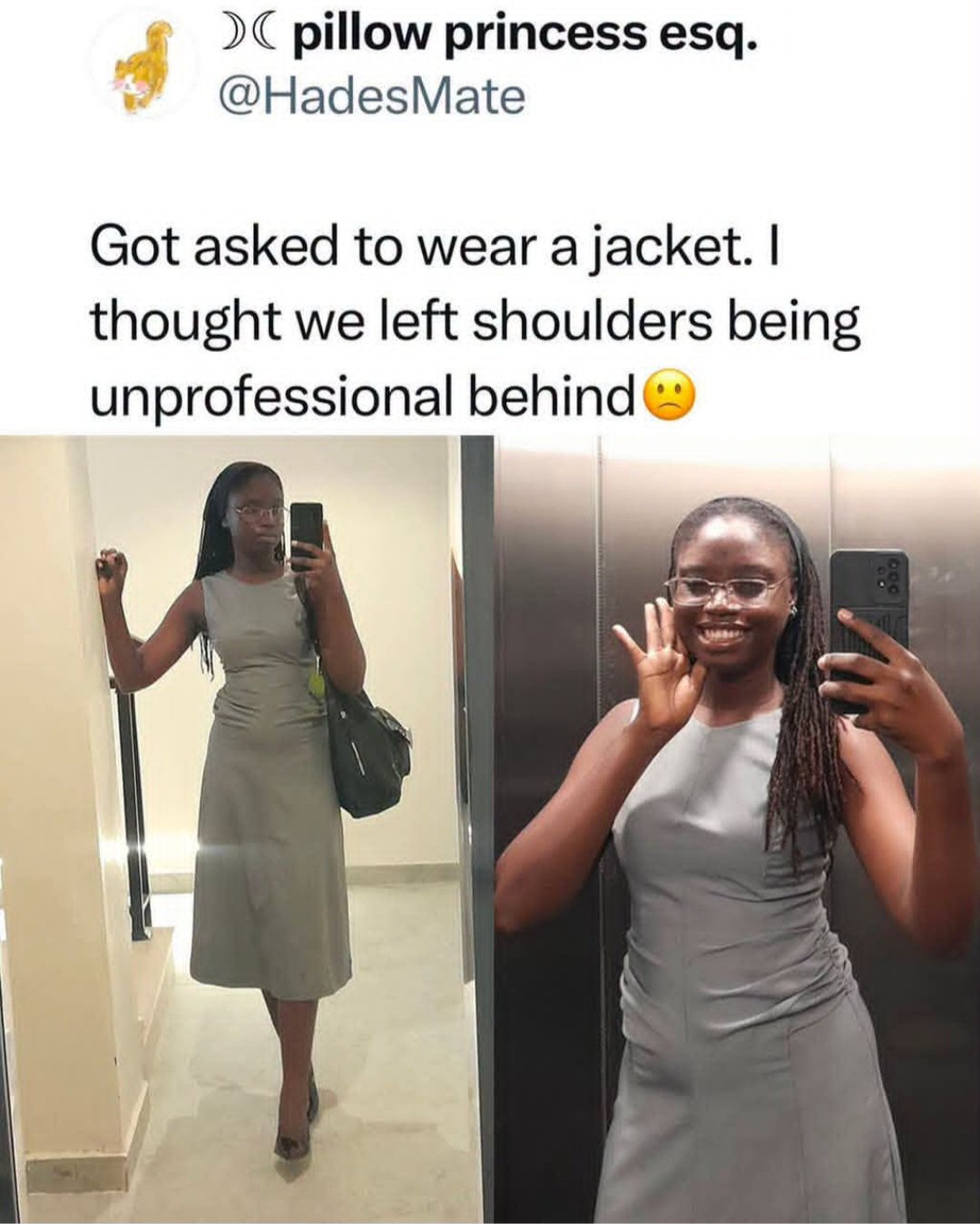 Woman shares outfit she wore to work that led to her being asked to cover up with jacket