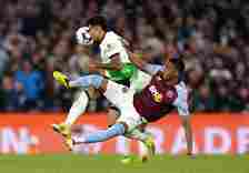 Liverpool’s Luis Diaz and Aston Villa’s Ezri Konsa battle for the ball during the Premier League match at Villa Park