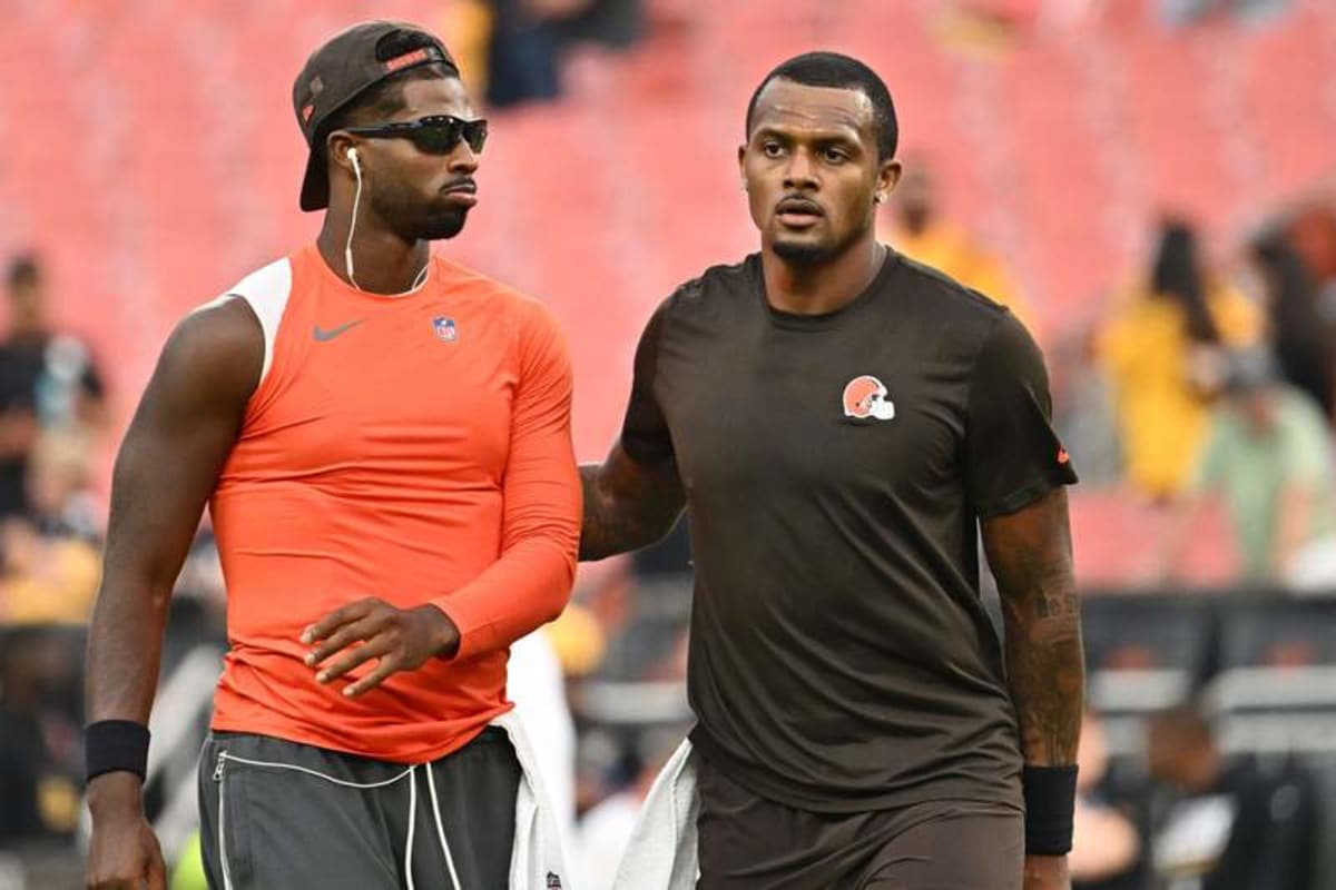 Oct 1, 2026; Cleveland, Ohio, USA; Cleveland Browns quarterback Shedeur Sanders (2) and quarterback Deshaun Watson (4) before the game at Huntington Bank Field. © Ken Blaze-Imagn Images
