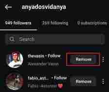 Screenshot from Instagram app remove a follower