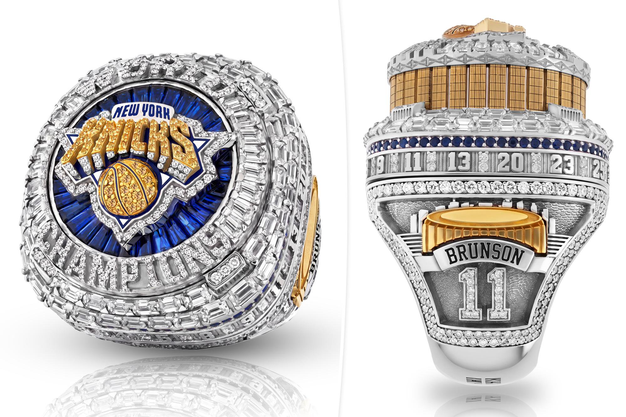 Collage of two views of a diamond-encrusted championship ring featuring the New York Knicks logo on the face and player Jalen Brunson's name and number 11 on the side.