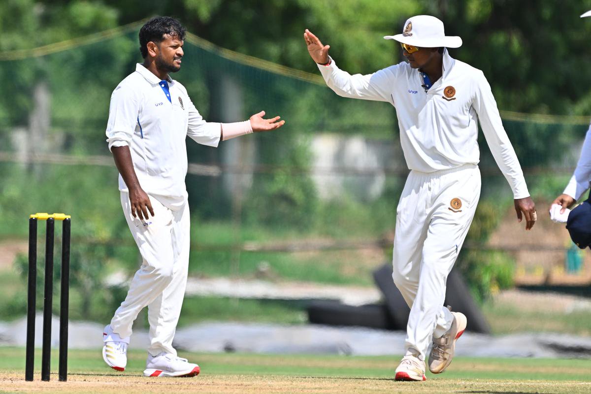 Andhra's Saurabh Kumar celebrates the wicket of Hyderabad's Rahul Singh on the 1st day of their Ranji Trophy at the ACA Stadium in Mulapadu, on Sunday, October 18, 2026.