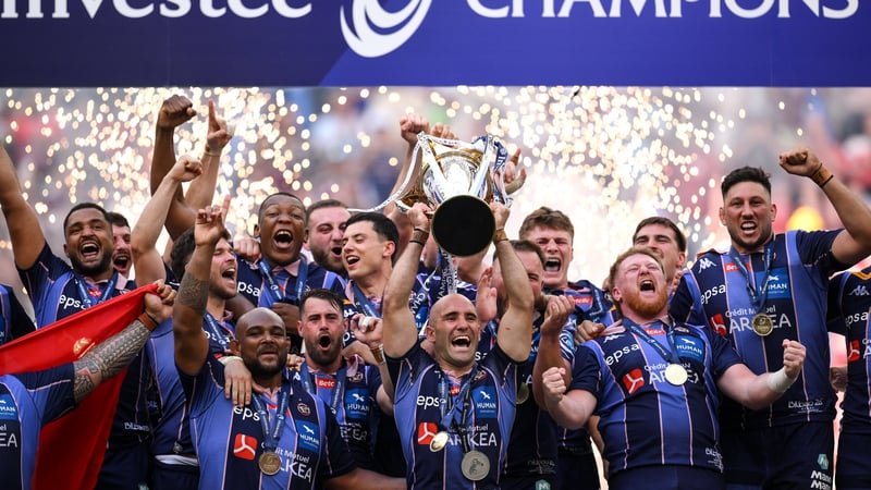 23 May 2026; Union Bordeaux Bègles captain Maxime Lucu and teammates celebrate with the cup after the Investec Champions Cup final match between Leinster and Union Bordeaux Bégles at San Mamés Stadium in Bilbao, Spain. Photo by Brendan Moran/Sportsfile