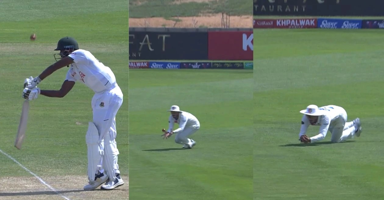 WATCH: Zia-ur-Rehman takes a splendid diving catch to dismiss Ebadot Hossain in AFG vs BAN one-off Test
