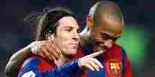 Thierry Henry smiling with his arm round Lionel Messi