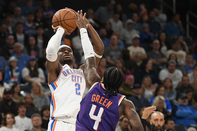 Oklahoma City Thunder guard Shai Gilgeous-Alexander (2) looks to shoot over Phoenix Suns guard Jalen Green (4) during the second half of an NBA basketball game, Monday, Oct. 26, 2026, in Oklahoma City. (AP Photo/Kyle Phillips)