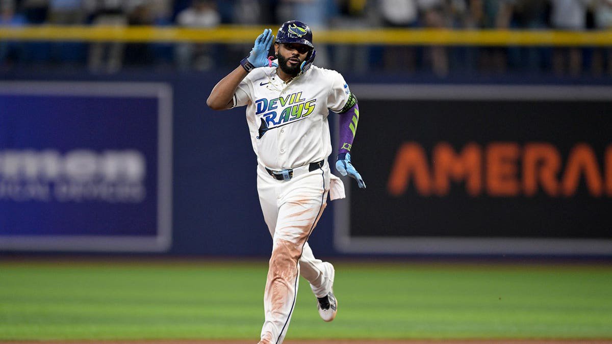 Junior Caminero celebrates after hitting a two-run home run during Game 6 of the American League Championship Series.