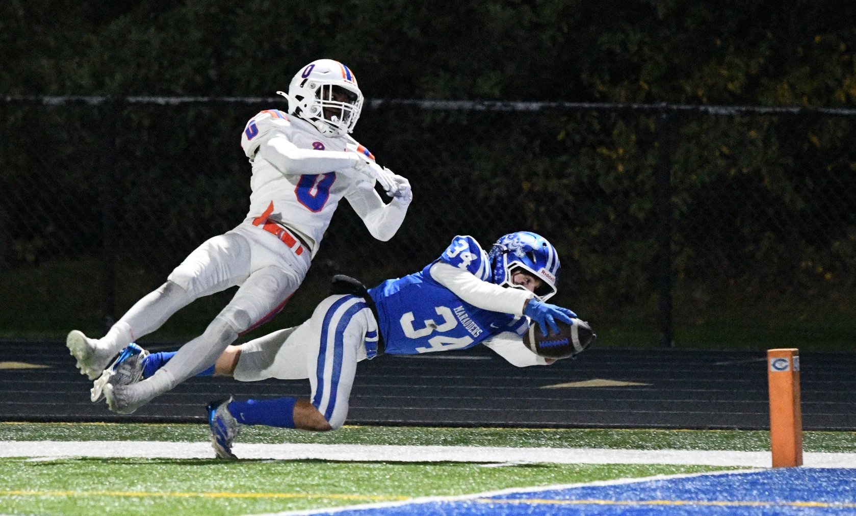 Asher McColl of Gibraltar Carlson is stopped just shy of the end zone during a 27-8 triumph over Lincoln Park on Friday, Oct. 16, 2026.