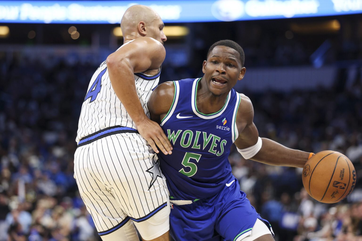 Oct 23, 2026; Orlando, Florida, USA; Minnesota Timberwolves guard Anthony Edwards (5) is guarded by Orlando Magic guard Jalen Suggs (4) in the third quarter at Kia Center. Mandatory Credit: Nathan Ray Seebeck-Imagn Images