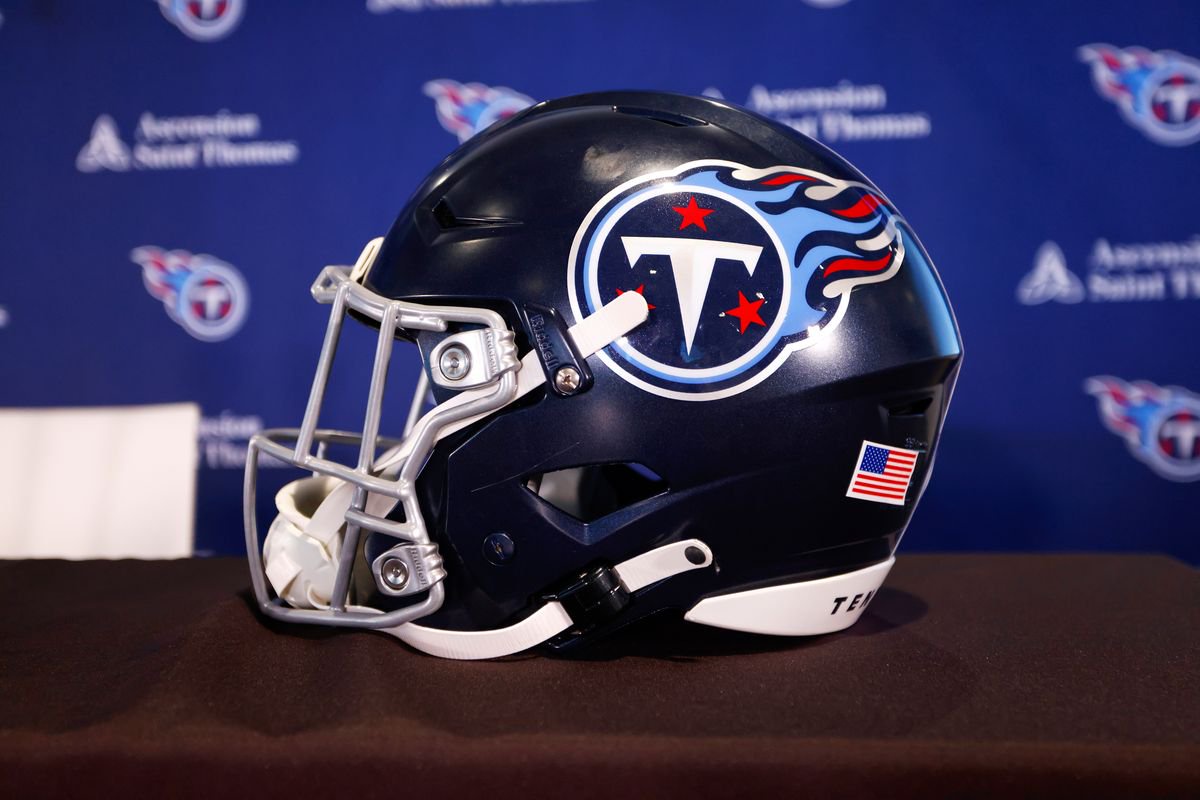 NASHVILLE, TENNESSEE - JANUARY 22: A detail view of a Tennessee Titans helmet is seen during an introductory press conference for new General Manager Mike Borgonzi at Ascension Saint Thomas Sports Park on January 22, 2025 in Nashville, Tennessee. 