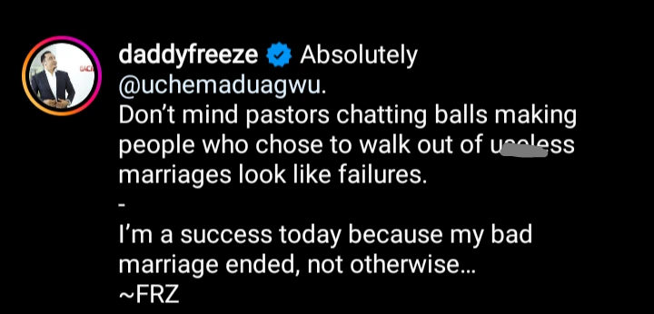 "I'm successful today because my bad marriage ended, not otherwise" - Daddy freeze